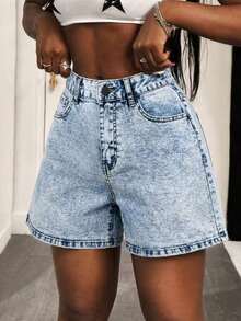 Women's Petite Casual Street Style Mid-Waist Loose Fit Denim Stretch Shorts - Light Wash - View 3