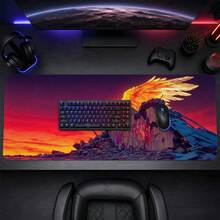 Sunset Glowing Golden Wings Hooded Man Ruins Large Gaming Desk Mat, Red-Orange Gradient Sky Fantasy Art Print Non-Slip Rubber Extended Mouse Pad, Waterproof Long Keyboard Pad, Esports Computer Desktop Decoration - View 3