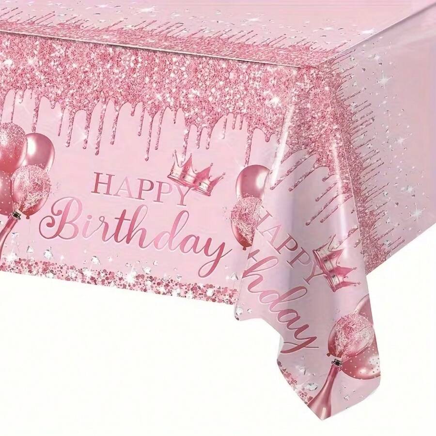 1/2pcs Pink Glitter Drip Crown Balloon Birthday Tablecloth, Waterproof Oil-Proof Washable Reusable, Exquisite Printed Design With Strong Atmosphere, Birthday Party Dessert Table Desktop Decoration Table Mat - Multicolor - View 1