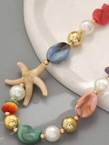 1pc Vacation Accessory Exaggerated Large Acrylic Starfish & Seashell Beaded Necklace, Beach Style Collarbone Chain - Multicolor - View 2