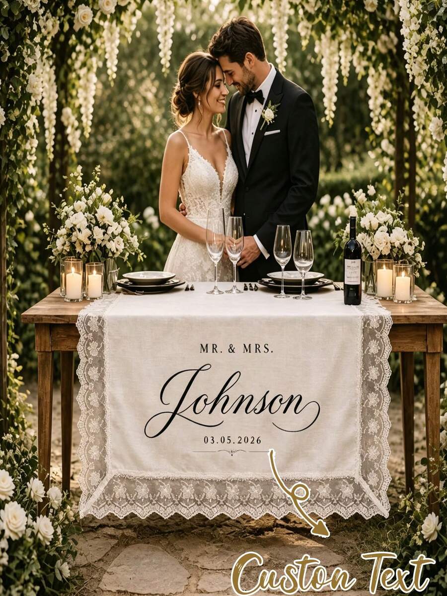 個性化蕾絲婚禮桌旗：客製化布料桌旗、新婚夫婦桌牌、婚禮接待裝飾、新娘桌飾