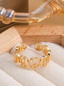 1 Set Exquisite Geometric Zirconia Open Bangle & Ring Set, Suitable For Women's Daily Wear, Holiday Gift - Yellow Gold - View 11