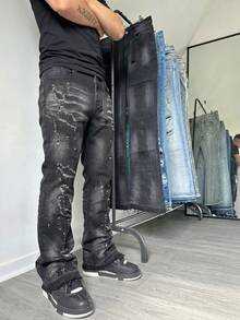 Black Vintage Cat Whisker Pattern Denim Long Pants For Men, Street Style Distressed Design Slight Flare Denim Long Pants, Daily Commute Versatile Loose Slight Flare Frayed Hem Denim Pants. - Black - View 1