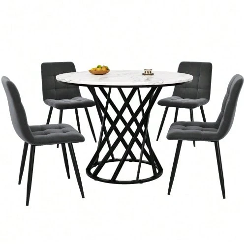 Dining Table Set (5-Piece), Dining Table Set With 4 Chairs, Modern Kitchen Table Set, Round Kitchen Table With 80 Cm Diameter And Gold Metal Legs, White MDF Tabletop, Dark Grey Velvet Dining Chairs - 多色1 - 查看 1