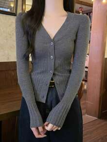 V領設計細鈕扣長袖條紋腋下針織女款開襟衫，秋冬返校季適用 - 灰色 - 查看 1