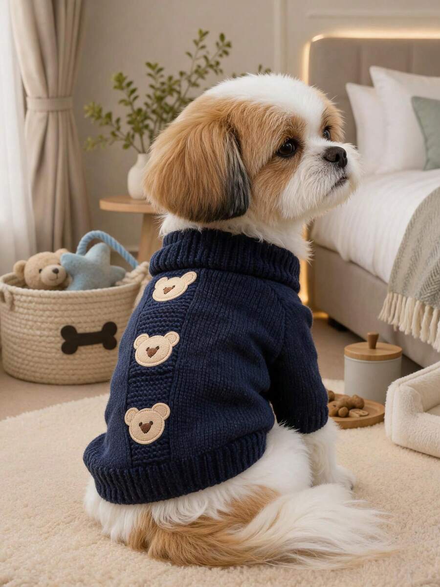 1pc Pet Clothes Autumn/Winter Warm Small Dog Puppy Cute Style Versatile Round Neck Cookie Bear Sweater - Navy Blue - Navy Blue - View 1