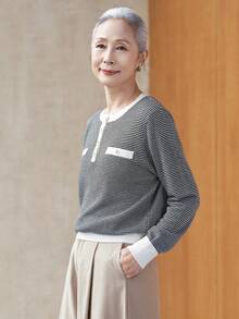 女款時尚對比飾邊針織上衣，鈕扣細節格紋毛衣，適合萬聖節、感恩節、聖誕節節日穿搭 - 黑與白 - 查看 4