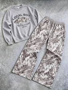 2pcs/Set Outdoor Forest Boy Outfit, Local Boy Fish & Leaf Print Sweatshirt + Leaf Camo Wide Leg Pants, Soft Autumn/Winter Camping Set - Grey - View 2
