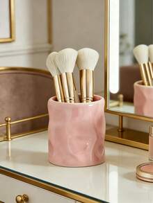 1pc Pink Asymmetrical Jar-Shaped Resin Makeup Brush Holder, Asymmetric Embossed Surface, Multi-Functional Desktop Decor, Mini Vase And Storage Box, Suitable For Living Room, Bedroom And Office (Pink), Also A Great Gift For Female Friends - A - View 2