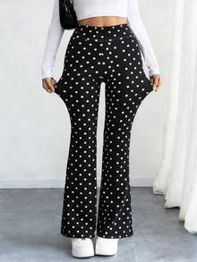 Women's High Waist Sports Flared Pants, Tummy Control Black & White Polka Dot Print Elastic Long Pants Fall - Black and White - View 4