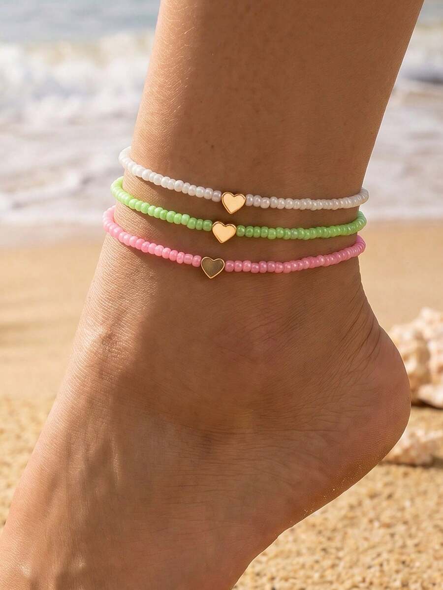 NAIZHU 3pcs Fashionable Teen Heart Multi-Layer Beaded Anklet Set, Daily & Vacation Accessory - Multicolor - View 1