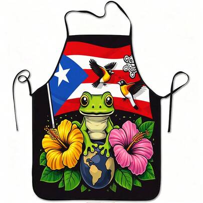 1 pieza Delantal con bandera de Puerto Rico, rana Coquí, diseño de flores tropicales y pájaros, hecho de poliéster duradero y fácil de limpiar, con cintura ajustable, adecuado para cocinar en la cocina, jardinería, cosecha de huertos
