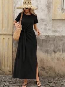 Women's Navy Blue Side-Tie Midi Dress - Short-Sleeve Crewneck Ruched Maxi Dress With Side Slit For Office, Elegant Dinner Date & Casual Smart Outfits - Black - View 2