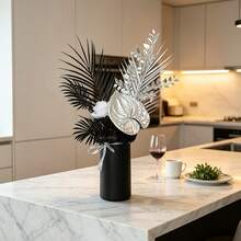 Modern Minimalist Artificial Flower Arrangement, Black Palm Silver Leaf Fake Anthurium White Rose Hydrangea Simulation Florals(Vase Not Included) - Black - View 8