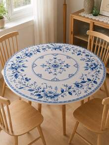 1pc Chinese Style Blue Floral Round Elastic Tablecloth, Minimalist Elegant Polyester Fitted Table Cover With Blue And White Porcelain Peony Print, Suitable For Dining Room, Kitchen, Patio, Autumn Decor, Wedding Decor, Room Decor And Home Decor - Multicolor - View 8