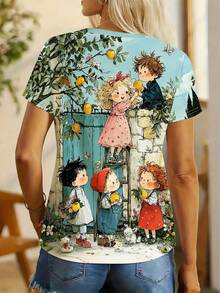 Funny Artistic Lemon Tree Cartoon Spring 3D Printed T-Shirt, Women's Casual Round Neck Short Sleeve T-Shirt Vacation Summer - Light Apricot - View 2
