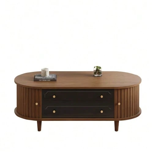 Coffee Table 100 X 50 X 36 Cm, Walnut Finish. Coffee Table With Two Drawers, Console Table With Roll-Up Door, Side Table, Living Room Table With 4 Legs, Walnut And Black Finish. - 棕色 - 查看 1