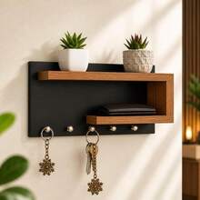 Porta Chaves de Parede Decorativo com Prateleiras e Ganchos Para Pendurar Chaves Chaveiro Claviculário - Preto/Freijo - Visão 1