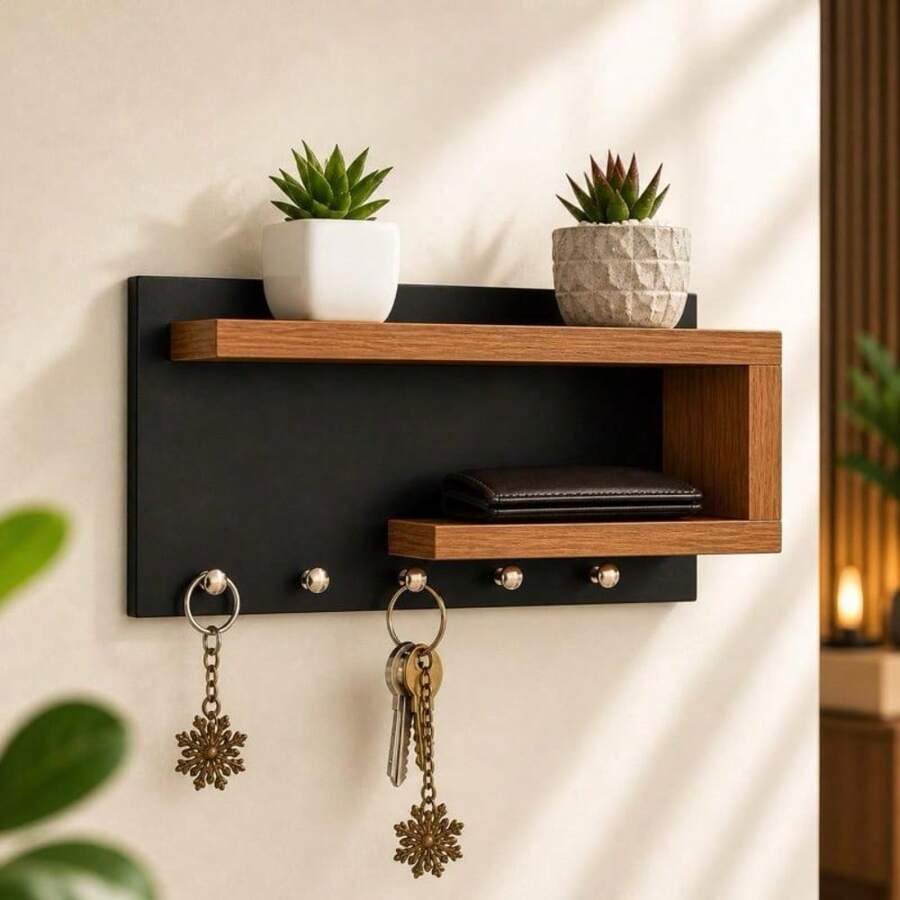 Porta Chaves de Parede Decorativo com Prateleiras e Ganchos Para Pendurar Chaves Chaveiro Claviculário - Preto/Freijo - Visão 1