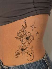1pc Black Line Drawing Hibiscus Flower Vortex Star Vertical Long Strip Temporary Tattoo Sticker, Realistic Fake Tattoo Design, Suitable For Daily Wear, Bachelorette Party Favors, Music Festivals, Games, Graduation Gifts, Lasts 3-5 Days - Black - View 5