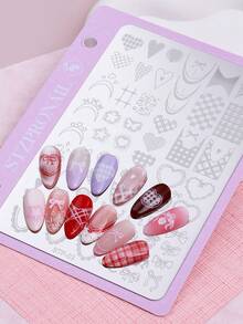 7Pcs Nail Stamping Plates Set With Pink Alloy Buckle, Stainless Steel Nail Art Template With Cherry Blossom Plaid Check Lace Mesh Heart Bow Music Note Pattern, Sweet Y2K Girly Nail Stamp Plate With Metal Rings For Salon DIY Manicure Accessories - Multicolor - View 5
