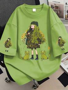 女孩與貓咪印花圓領圖案T恤，大尺碼女款休閒夏季上衣，時尚袖口印花短袖。適合夏季度假穿搭、沙灘穿搭、假期穿搭、春季穿搭、情人節穿搭、嘉年華穿搭，適合日常穿著、外出上衣、外出、假期、沙灘、派對、生日、沙灘、聚會、舞會、學校、音樂節、度假、通勤、健身、婚禮、新年、春季上衣、女款夏季穿搭、女款度假服飾 - 青檸色 - 查看 1