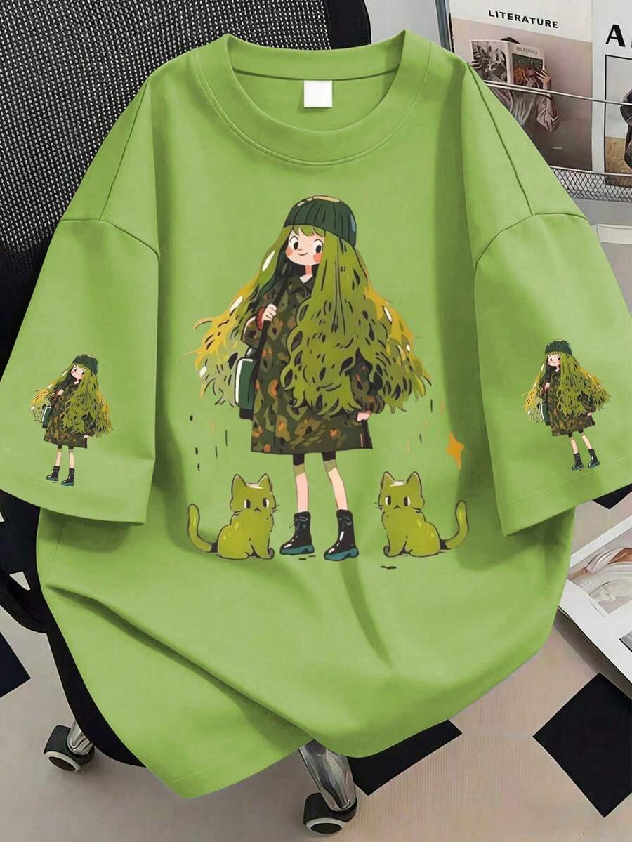 女孩與貓咪印花圓領圖案T恤,大尺碼女款休閒夏季上衣,時尚袖口印花短袖。適合夏季度假穿搭、沙灘穿搭、假期穿搭、春季穿搭、情人節穿搭、嘉年華穿搭,適合日常穿著、外出上衣、外出、假期、沙灘、派對、生日、沙灘、聚會、舞會、學校、音樂節、度假、通勤、健身、婚禮、新年、春季上衣、女款夏季穿搭、女款度假服飾 - 青檸色 - 查看 1