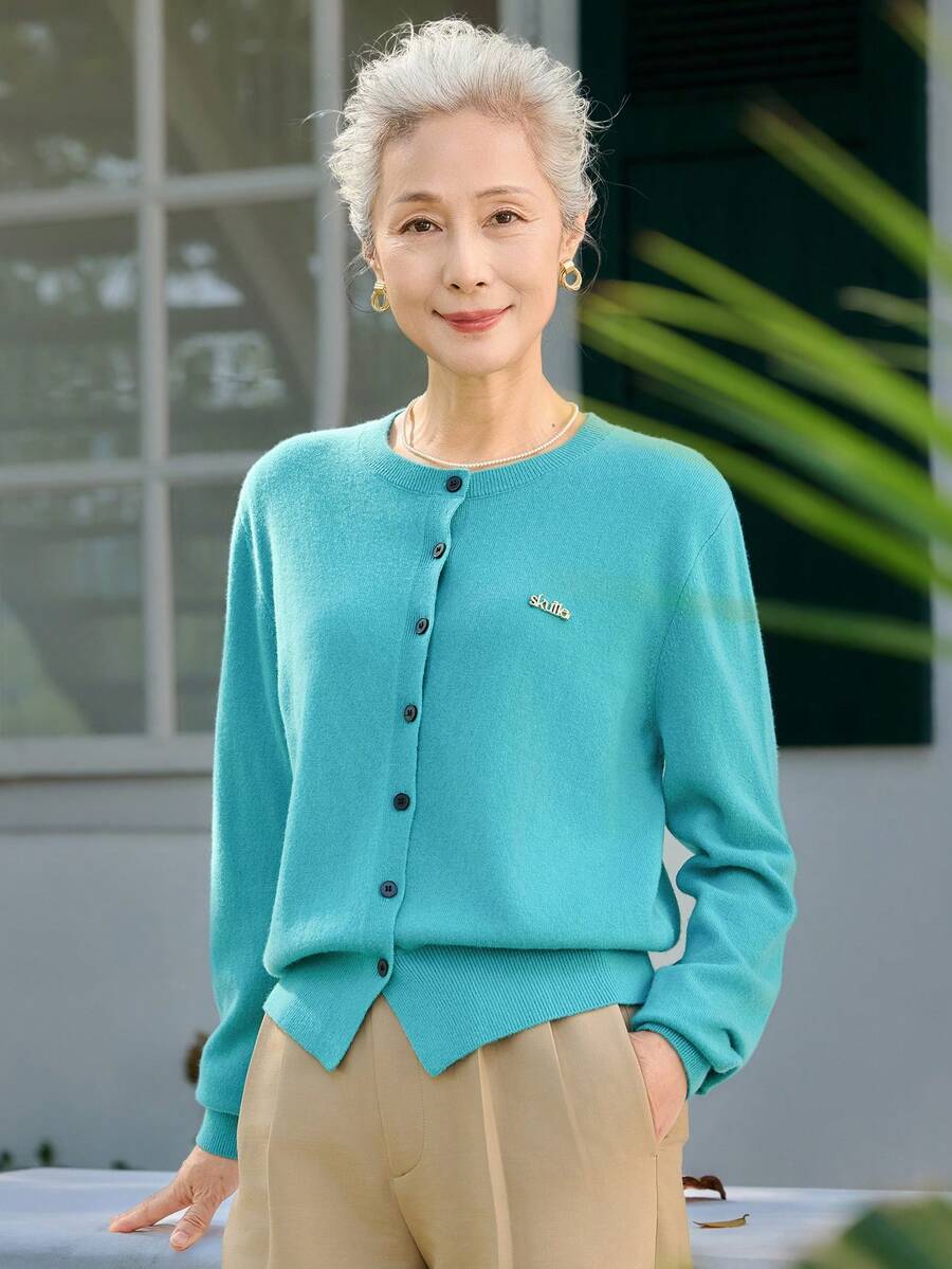 女款時尚深藍色開襟針織外套,鈕扣式毛衣夾克,適合萬聖節、感恩節、聖誕節節日穿搭 - 青碧色 - 查看 1