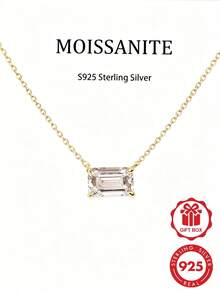 S925 Sterling Silver 14K Gold Plated Emerald Cut Moissanite Necklace, Exquisite Rectangular Pendant Collarbone Necklace, Elegant Wedding Anniversary Birthday Jewelry Gift For Bride And Girlfriend - Style a - White - View 3