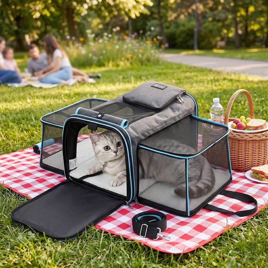 Faltbare Transporttasche für Katzen, 48*30*31 cm, grau, wasserdicht Transportbox für kleine Hunde – atmungsaktives Netzgewebe, aus Oxford Leichte Haustier-Tragetasche mit Schultergurt & waschbarem Kissen - Grau - Übersicht 1