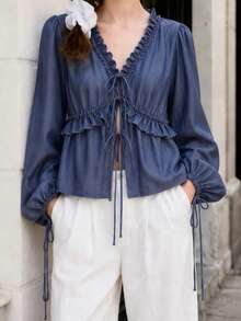 Áo blouse xếp ly thắt nơ bèo nhún màu trơn cho văn phòng, hẹn hò, tiệc độc thân, tiệc trà - Rửa trung bình - Xem 2