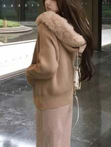 女款鬆弛感毛領連帽針織開襟毛衣外套，寬鬆修身前開襟上衣，秋季 - 卡其色 - 查看 3