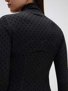 KyrLssu Women's Polka Dot Zipper Stand Collar Long Sleeve Slim Fit Pocket Jacket - Black - View 7