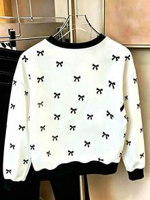 Youth Girl Bowknot Pattern Printed Round Neck Long Sleeve Sweatshirt - White - View 2