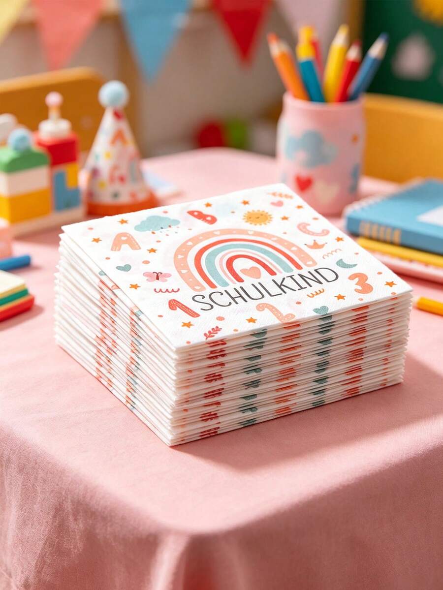 20入彩虹Schulkind一次性紙巾,ABC 123數字印花開學日餐巾紙,嬰兒派對與返校派對用品 - 波希米亞 - 查看 1
