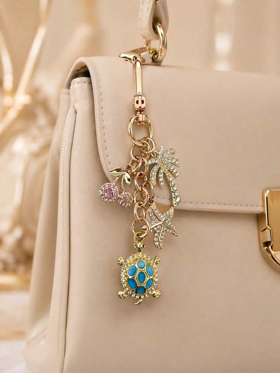 1pc Fashionable Rhinestone Cherry Keychain, Women's Beach Accessory, Turtle Starfish Coconut Tree, Charming Bag Charm, Beach Travel Essential, Bag Accessory, Room Decor, Car Accessory, Fun Back To School Gift - Multicolor - View 1