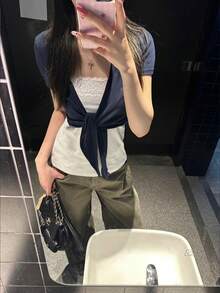 Women's Short Knit Cardigan Short Sleeve Semi-Sheer Tie-Front Top Lightweight Shawl Summer - Navy Blue - View 6
