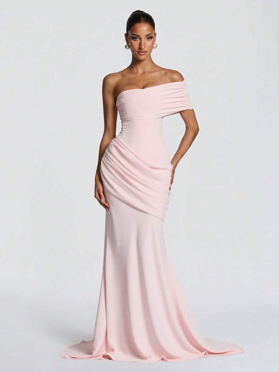 Elegant One-Shoulder Knitted Long Mermaid Dress, High Elasticity Sleeveless Evening Gown Wedding Party Fall - Baby Pink - View 1