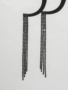 1 Pair Vintage Minimalist Tassel Earrings For Women, Party, Evening, Daily Accessory - Black - View 3
