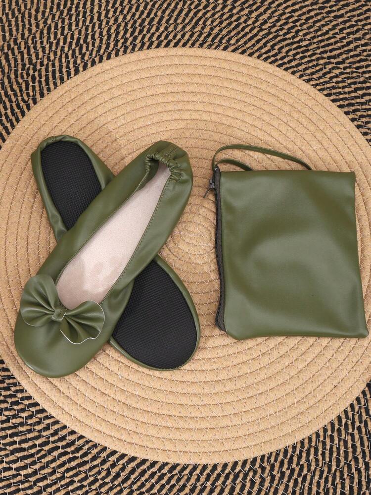 Lightweight Barefoot Feel Indoor Ballet Shoes, Women's Foldable Slip-On Green Dance Shoes, Soft Comfortable Foldable Easy To Carry Women's Dance Shoes, Comes With Matching Color Tote Bag - Olive Green - View 2