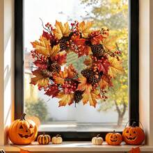 Thanksgiving Theme Autumn Decoration, Featuring A Harvest Wreath With Red-Orange Gradient Maple Leaves, Plump Red Berries And Pinecones, Beautiful Stickers - Autumn Wind - View 3