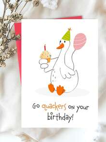 1Pc Cute Hand Drawn Duck Birthday Greeting Card, Pun Quote "Go Quackers On Your Birthday", Party Hat Cupcake & Pink Balloon Illustration, Minimal White Background Sweet Animal Lover Gift - Multicolor - View 6