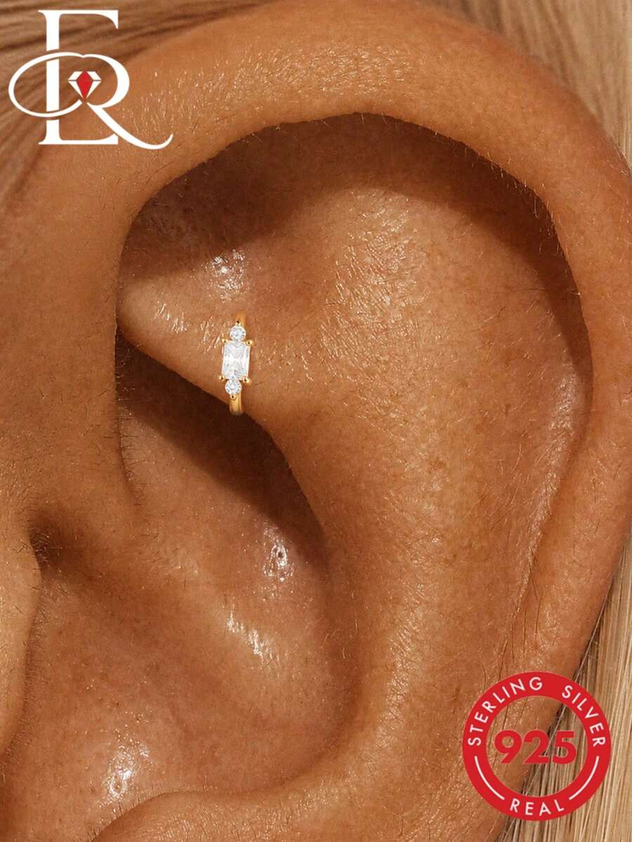 EleRunis 1PC 925 Sterling Silver Classic Diamond Cubic Zirconia Rook Conch Hoop Earrings 18K Gold Plated Upper Ear Cartilage Helix For Women Daily Wear Party - Gold - View 1