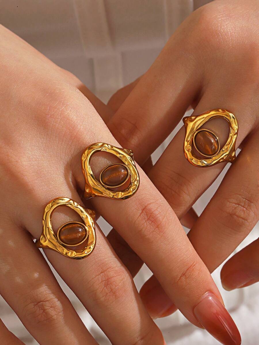 1/3PCS Stainless Steel Fashion Oval Tiger Eye Stone Ring, Suitable For Women's Daily And Party Wear - Multicolor - View 1
