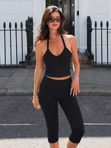 1pc Solid Color Tummy Control Butt Lifting Shaping Mid-Length Sports Shorts Black - Black - View 9