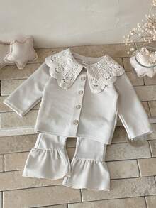 INS Baby Girl Clothes Solid Color Peter Pan Collar Long Sleeve Top + Long Pants Spring Autumn - Apricot - View 14