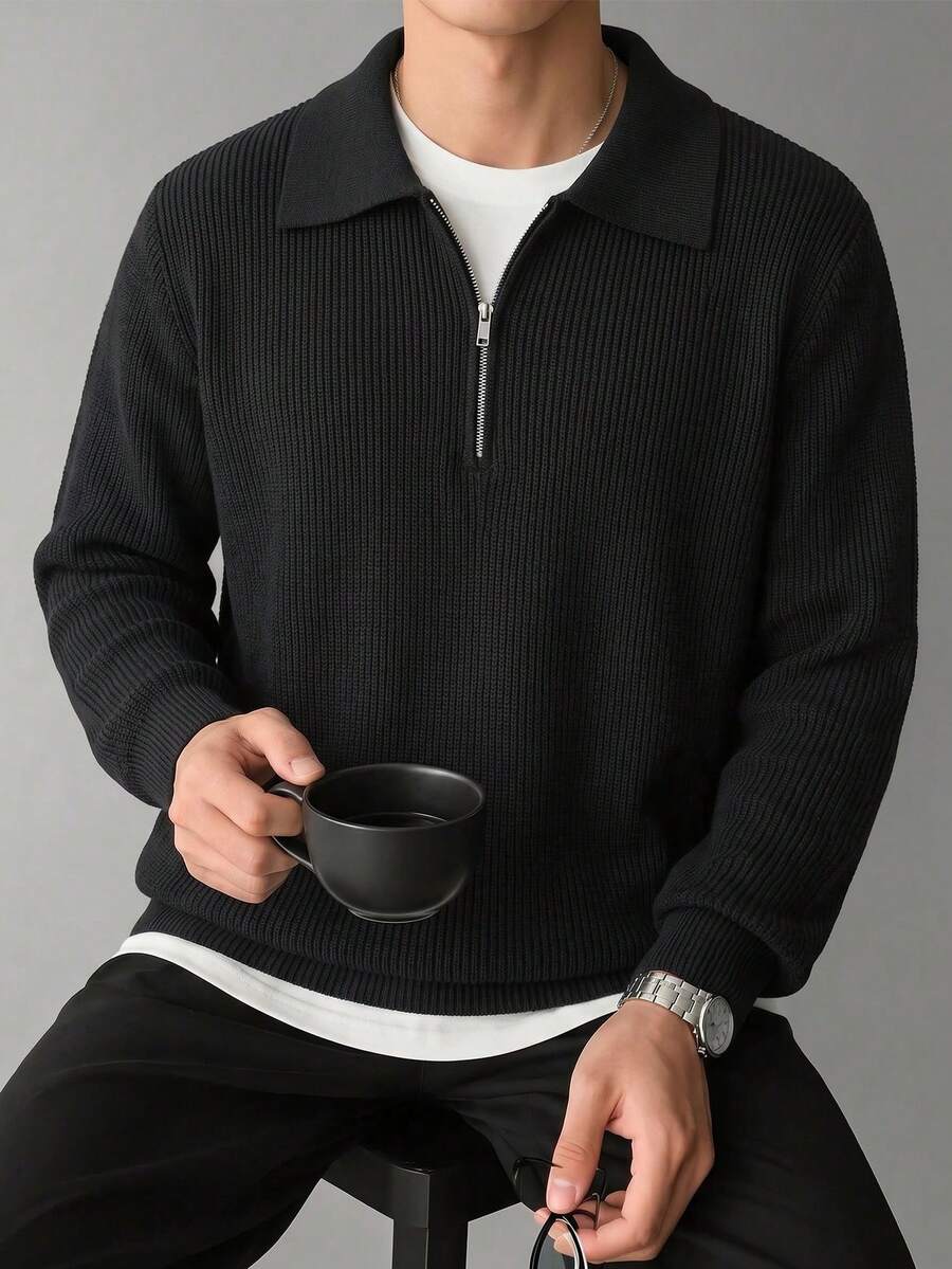 Men's Autumn/Winter Minimalist Solid Color Fashion Casual Half-Zip Collar Long Sleeve Sweater - Black - View 1