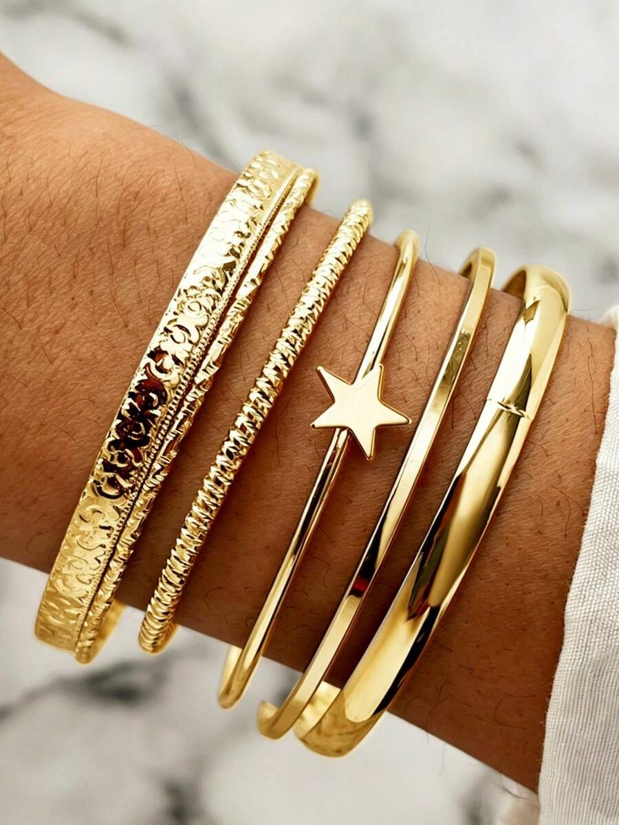 6pcs Vintage Personalized Exaggerated Open Pentagram Smooth Asymmetrical Bangle Bracelet Set - Gold - View 1