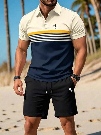 Plus Size 2-delige set: Heren gestreept paardenprint poloshirt & korte broek casual outfit