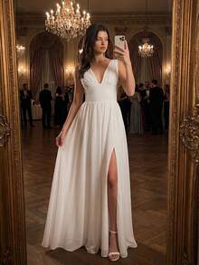 YUMIBRAVO Elegant Wedding Dress For Bridal, Long White Dress For Women, Dress For Destination Wedding,Formal Dress For Women Fall - White - View 7